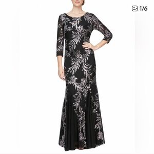 Alex Evenings Gilded Leaf Sequin Black Pewter Evening Dress. Size 6